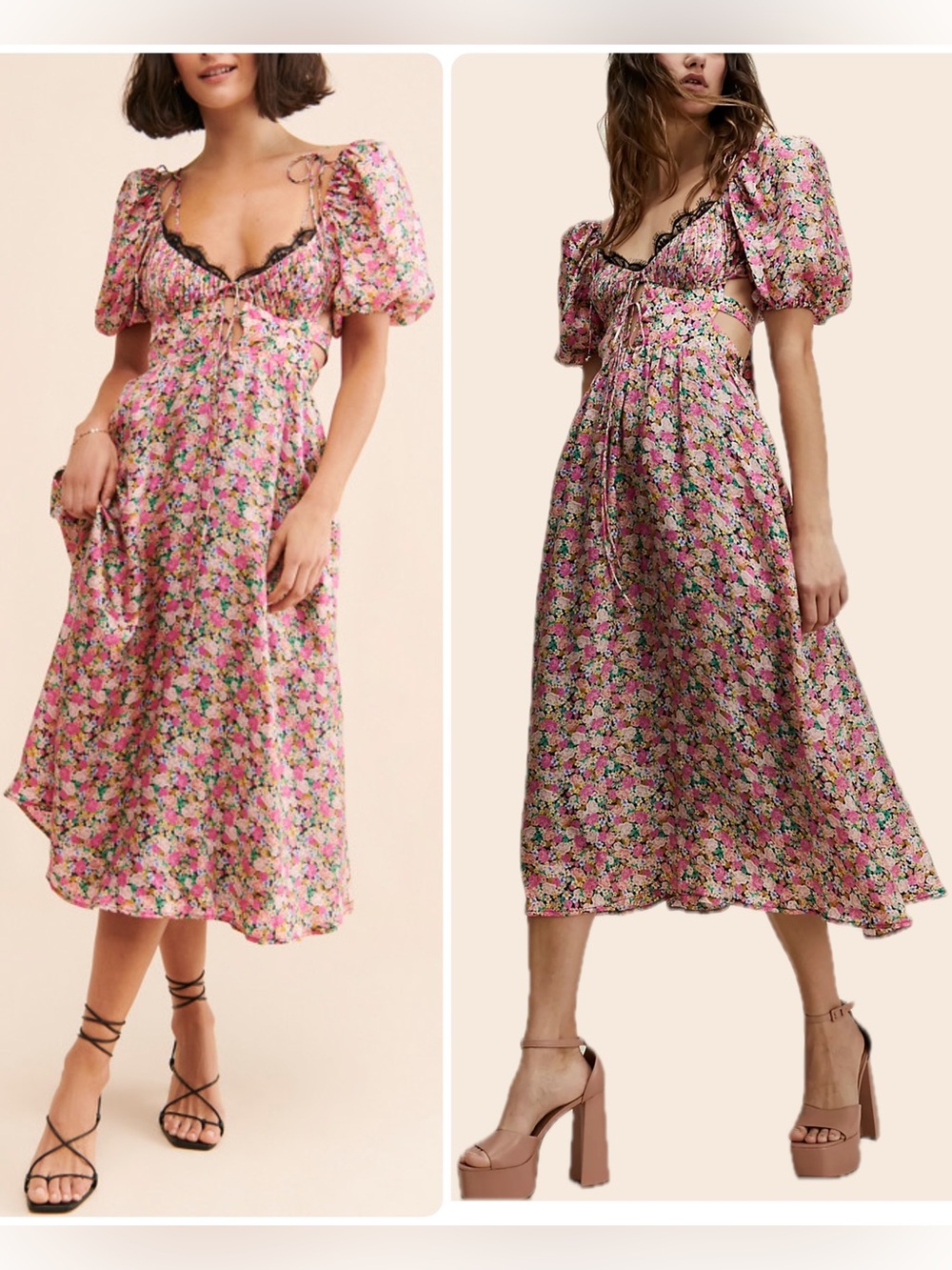 For Love & Lemons Isadora Floral Lace Trim Puff-Sleeve Midi Dress NWT $289